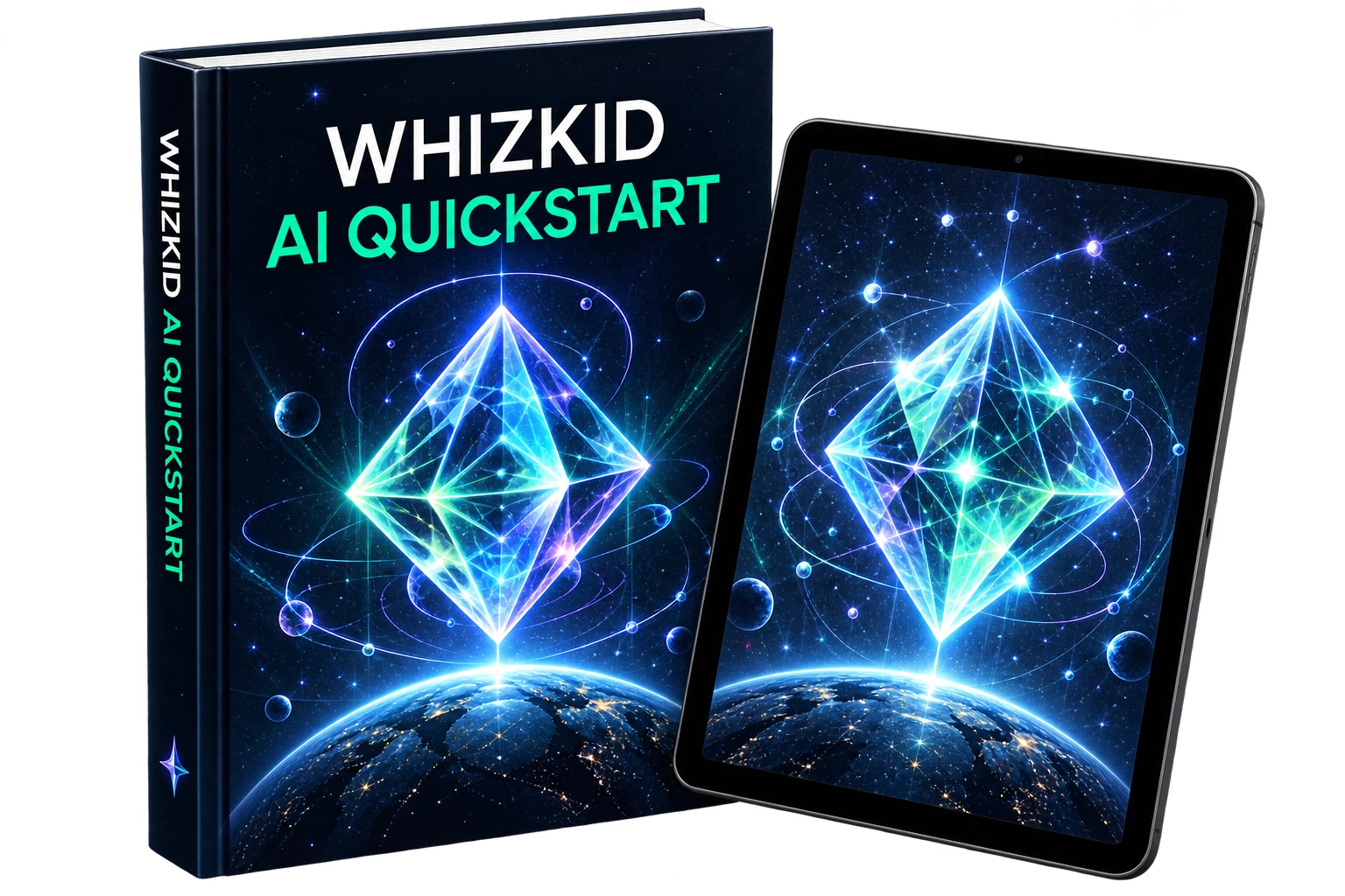 WhizKid AI Quickstart book and tablet featuring luminous diamond artwork