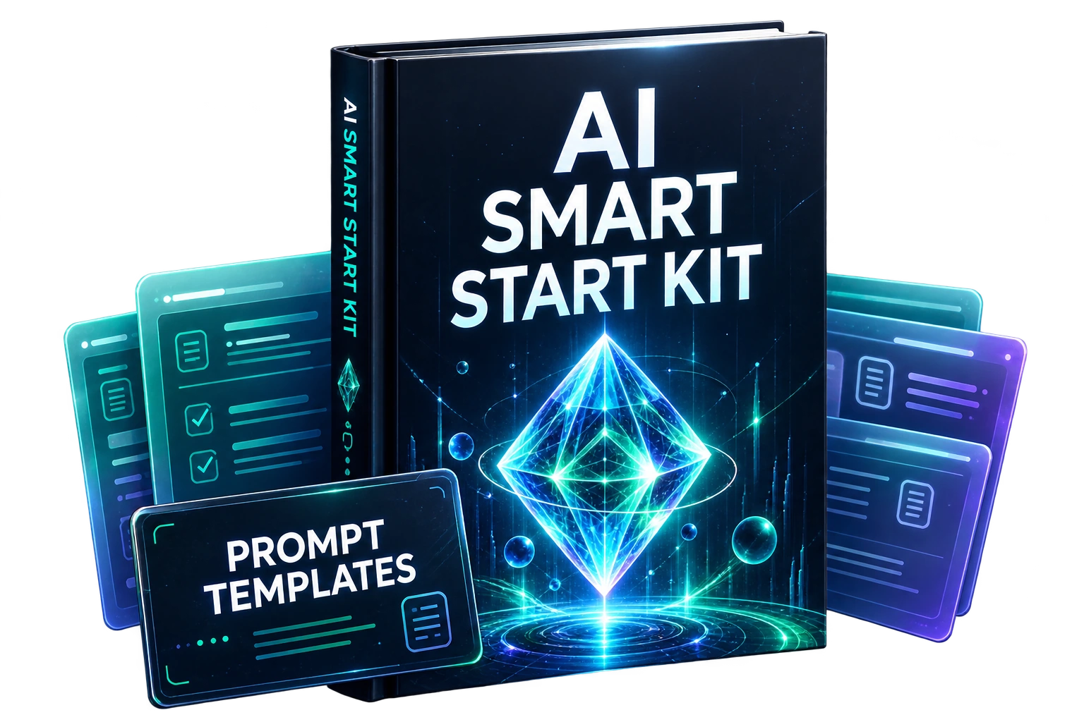 AI Smart Start Kit book with a luminous diamond and companion prompt templates