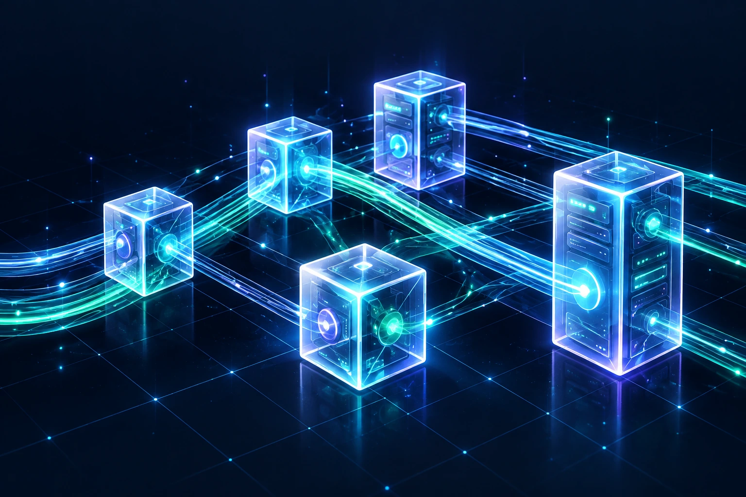 Glass modules linked by flowing cyan and emerald light